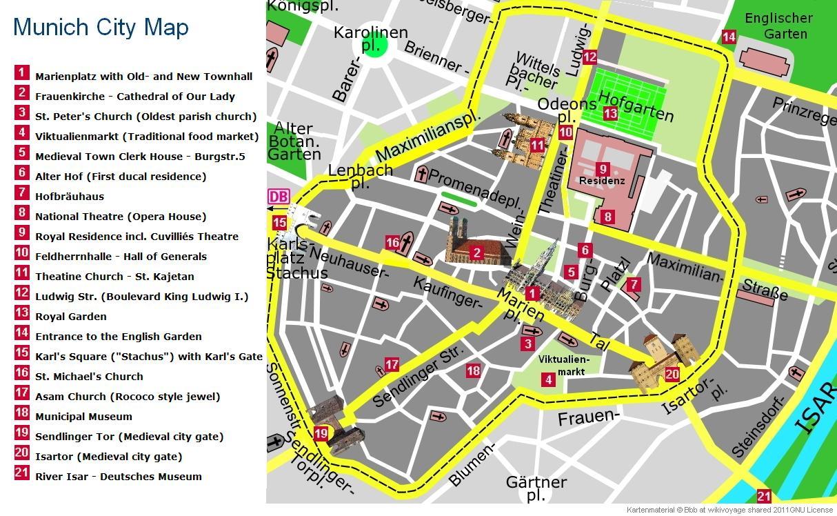 Müncheni linna kaart koos atraktsioone - München kaart vaatamisväärsused  (Baieri (Saksamaa)